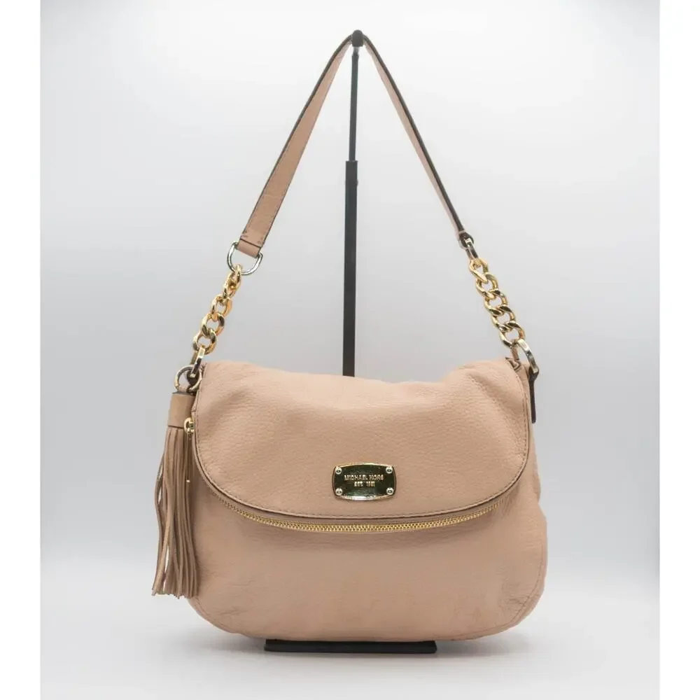 MICHAEL KORS Bedford Beige Leather Shoulder Bag Medium Handbag Tassel Gold